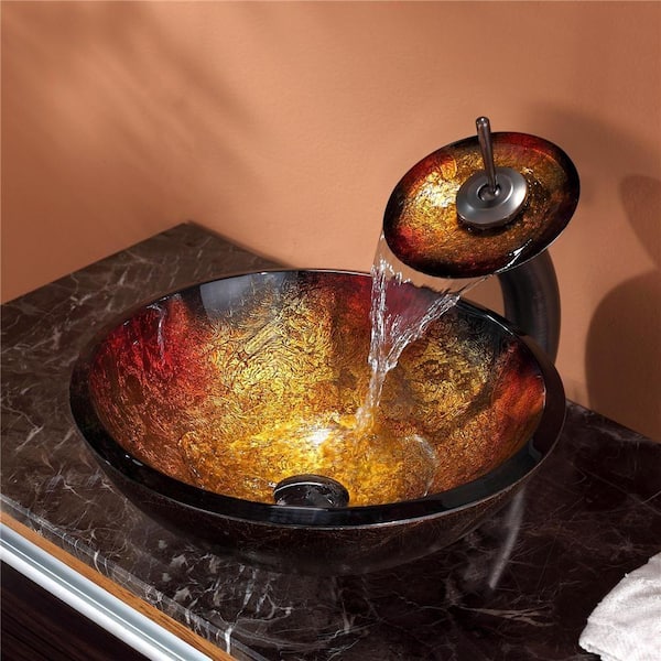 KRAUS Mercury Glass Vessel Sink in Red/Gold with Waterfall Faucet in Oil Rubbed Bronze