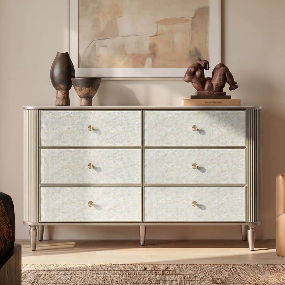 Champagne Wood Buffet with 6 Drawers, Fluted Side Panels, Gold Metal Legs and Knobs, Faux Marble Finish for Living Room