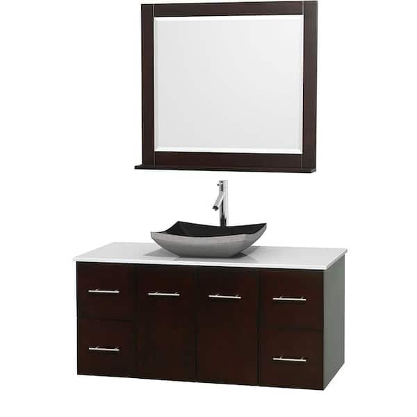 Wyndham Collection Centra 48 in. Vanity in Espresso with Solid-Surface Vanity Top in White, Black Granite Sink and 36 in. Mirror