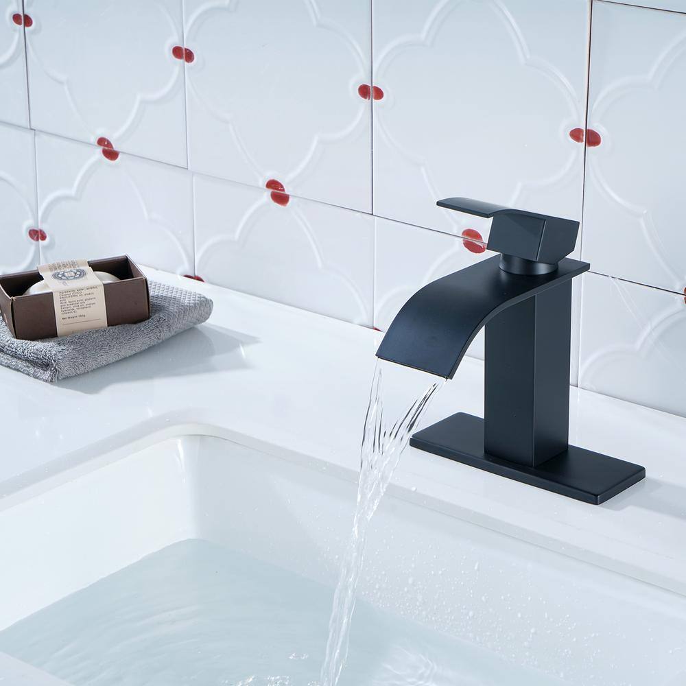 Matte Black Single Handle Waterfall Bathroom Faucet with Pop-up Drain