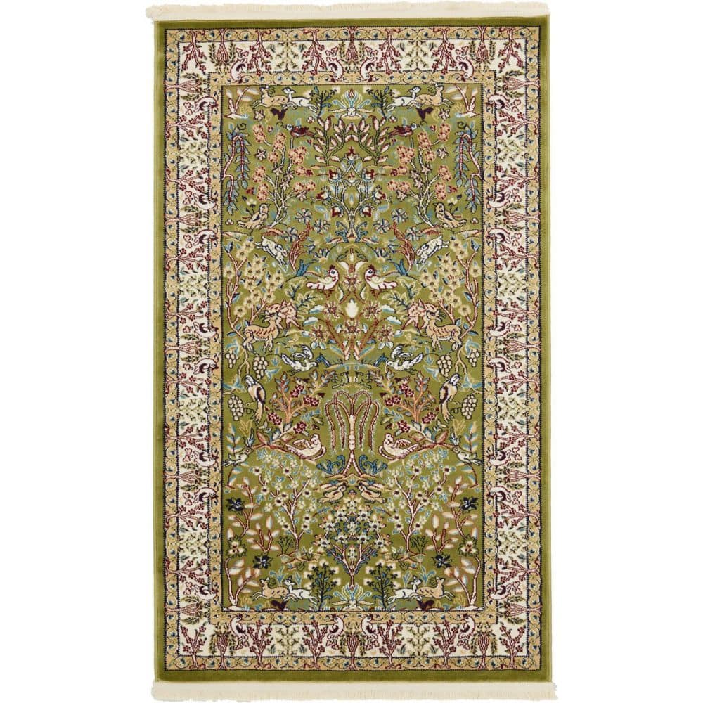 Green Rectangular Persian-Style Stain-Resistant Area Rug