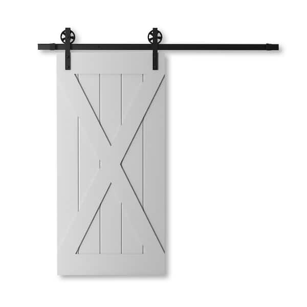 Urban Woodcraft 40 in. x 83 in. BERKELEY Solid Core Grey Wood Modern Barn Door with Sliding Door Hardware Kit