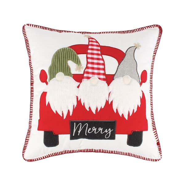 LEVTEX HOME Road Trip Red, White, Green Gnomes Applique Stitch Trim 18 in. x 18 in. Throw Pillow