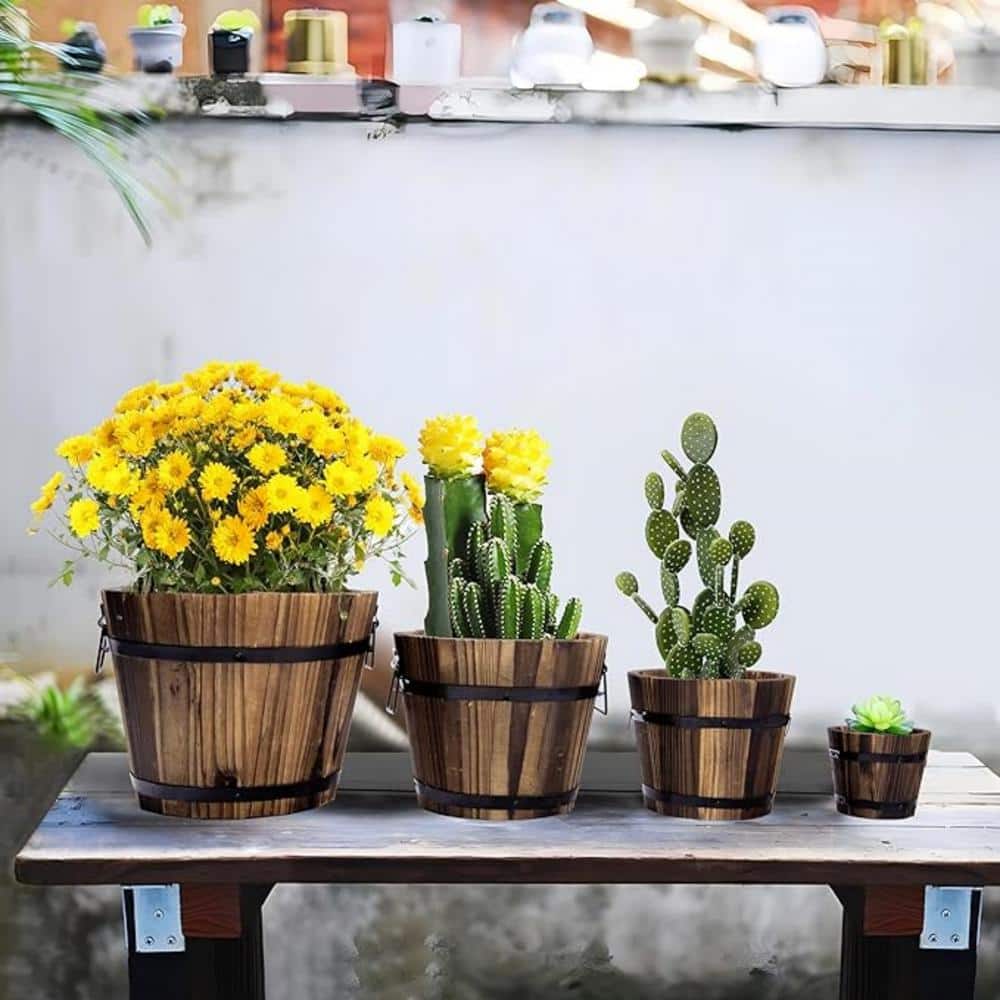 Rustic Wooden Whiskey Barrel Planter Set with Steel Handles