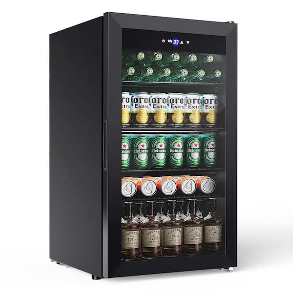 17.5 in 145 Cans Single Zone Beverage Cooler Freestanding in Black Stainless Steel Adjustable Storage Space Beer Fridge