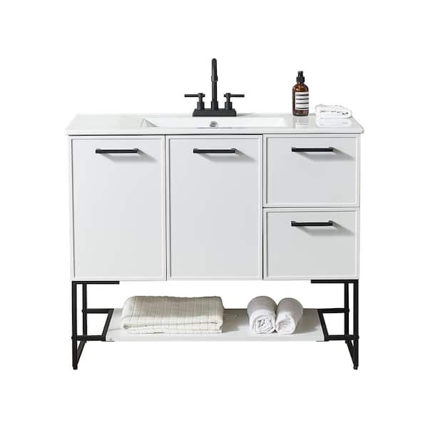 VC CUCINE 40 in. W x 18 in. D x 34 in. H Freestanding Bathroom Vanity in Matt White with White Ceramic Top With White Single Sink