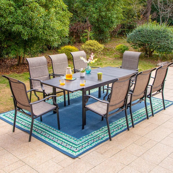PHI VILLA Black 9-Piece Metal Outdoor Patio Dining Set with Geometric Extendable Table and High Back Padded Textilene Chairs