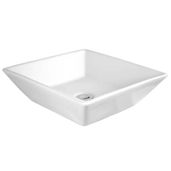 Eisen Home Havasu Ceramic Square Vessel Bathroom Sink with Pop Up Drain in White
