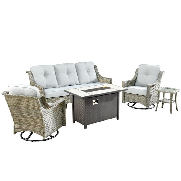 Verona 5-Piece Wicker Outdoor Patio Conversation Sofa Furniture Set with a Metal Fire Pit and Light Grey Cushions