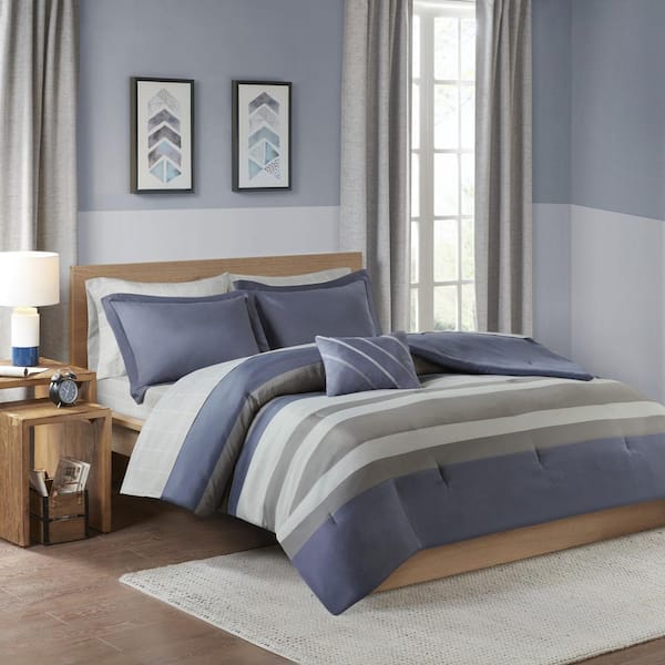 James 6-Piece Blue/Grey Twin Striped Microfiber Bed in a Bag Comforter Set