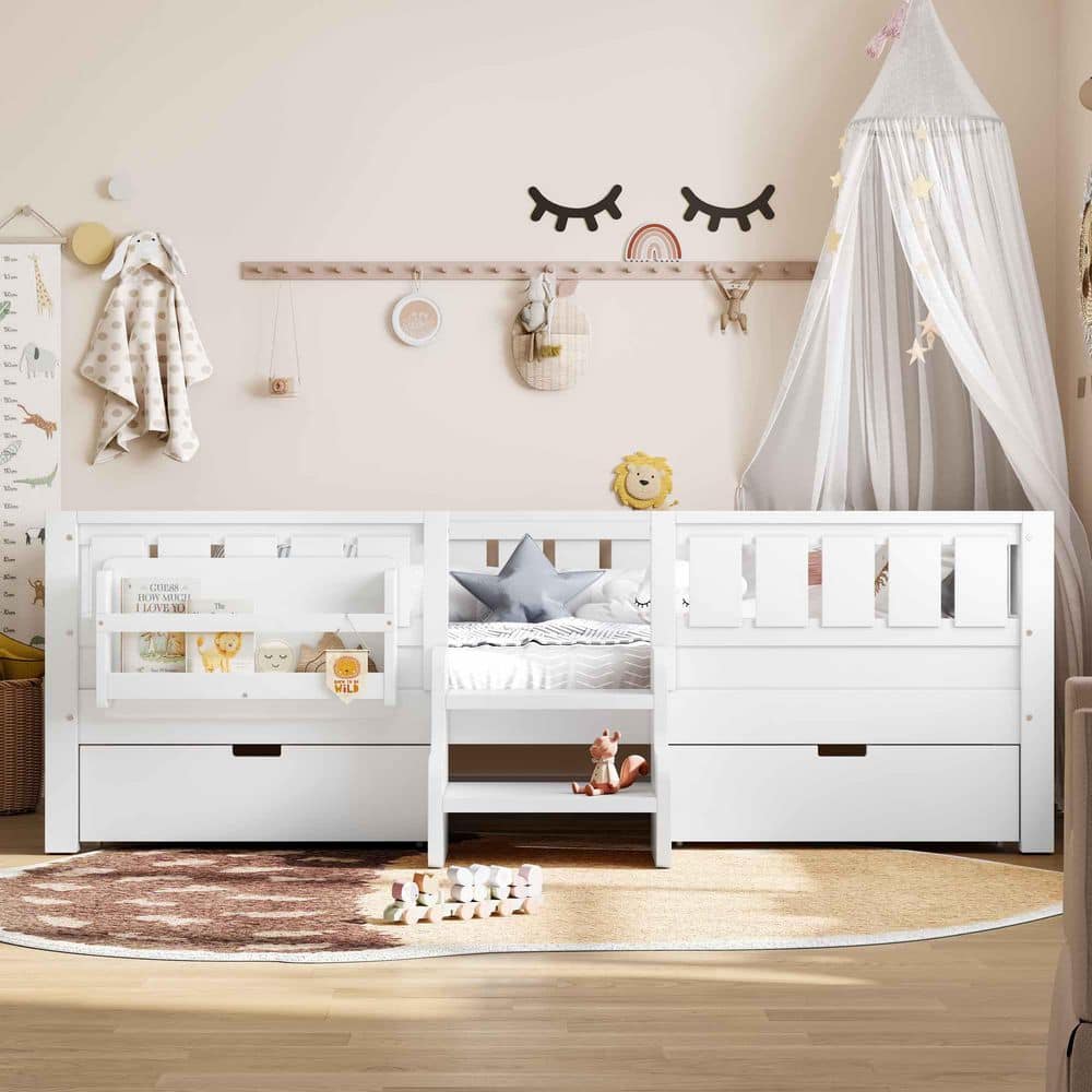 White Pine Wood Frame Twin Platform Bed with Safety Rails, Built-in Bookshelves and Storage Drawers