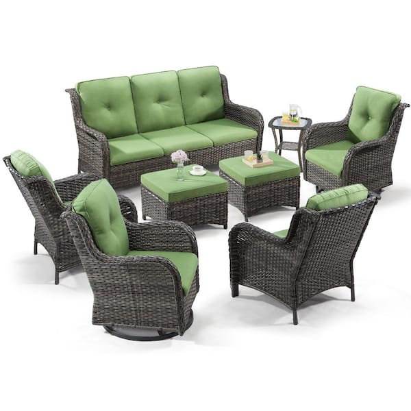 8-Piece Patio Conversation Sofa Set Furniture Sectional Seating Set with Green Cushion and Glass Desktop