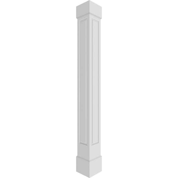 Ekena Millwork 7-5/8 in. x 10 ft. Premium Square Non-Tapered Raised Panel PVC Column Wrap Kit, Standard Capital and Base