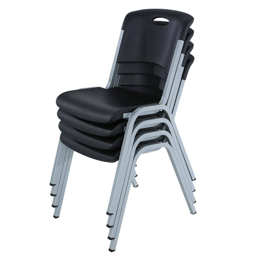 Modern Black and Silver Metal Plastic Utility Chairs, 4 Pack