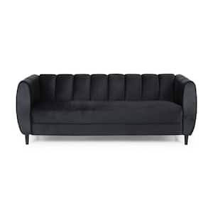 Bobran 83.25 in. Black Solid Velvet 3-Seat Tuxedo Sofa