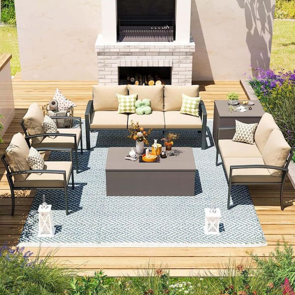 Zeus & Ruta 7-Piece Black Aluminum Outdoor Conversation Set with Beige Cushions and Storage Box