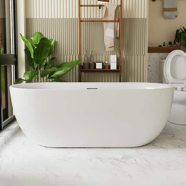 INSTER VALLEY 67 in. Modern Acrylic Oval Freestanding Flatbottom Non-Whirlpool Bowl Shaped Soaking Bathtub in White