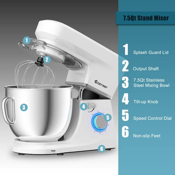 Costway 660W 7.5 qt. 6 Speed White Stainless Steel Stand Mixer with Dough Hook Beater BXD4 A04 A8IT The Home Depot