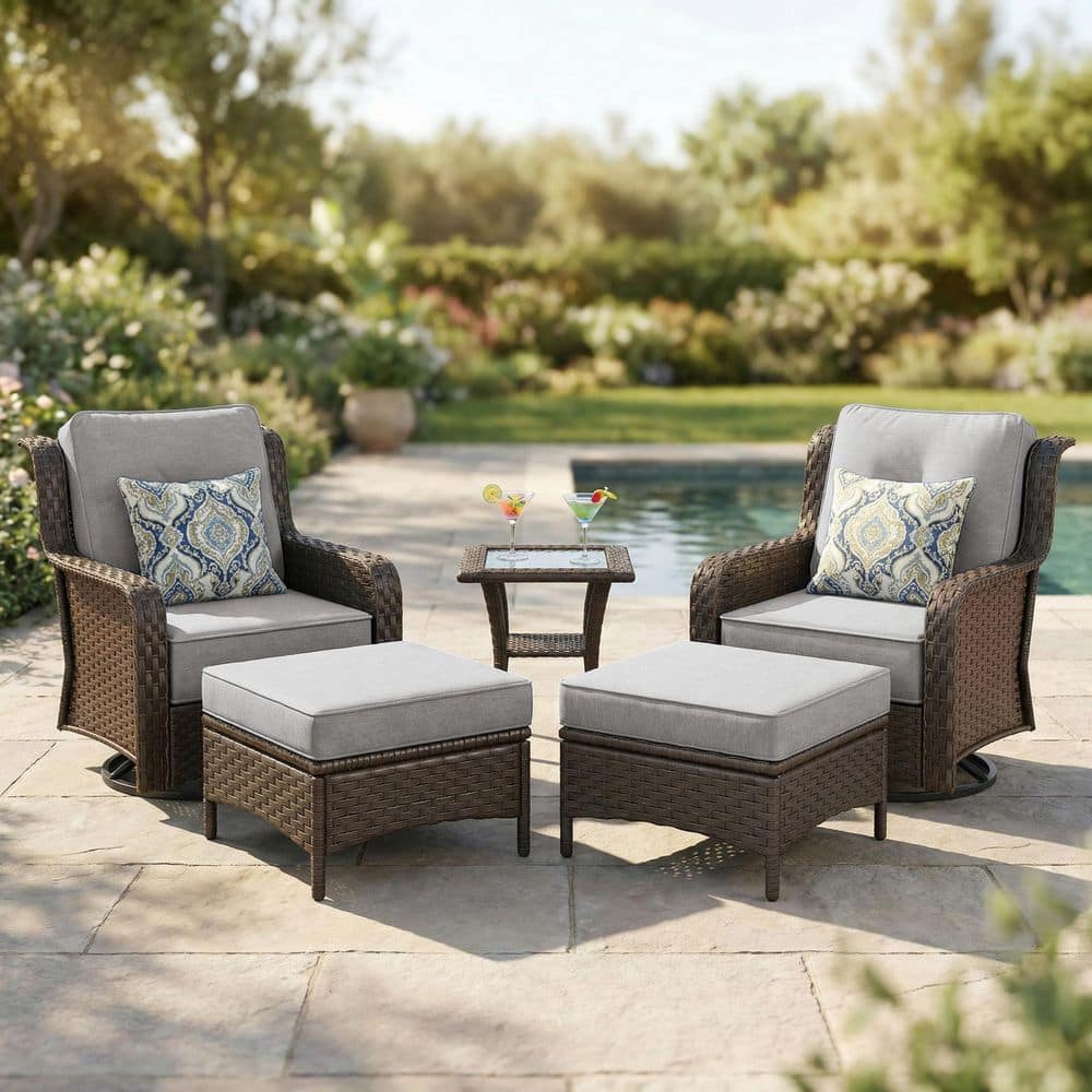 2-Piece Brown PE Wicker Outdoor Patio Ottoman with Grey Cushions