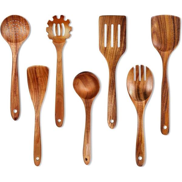 Natural Teak Wood 7-Piece Comfort Grip Wooden Cooking Utensils Set for Kitchen Cooking, Baking and Food Prep