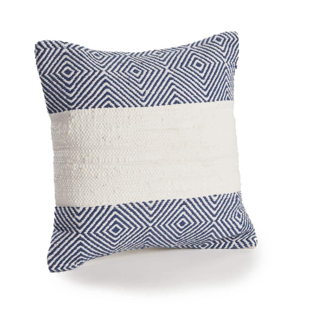 Blue and White Geometric Embroidered Square Throw Pillow, 18"