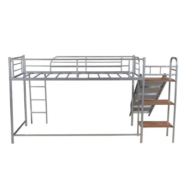Anbazar Silver Twin Size Metal Loft Bed, Low Twin Bed Frame With Storage