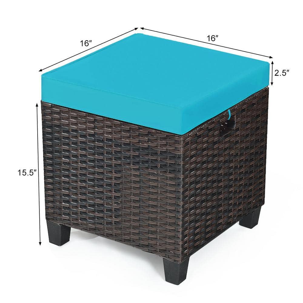 Measurement diagram of a wicker ottoman with turquoise cushion.