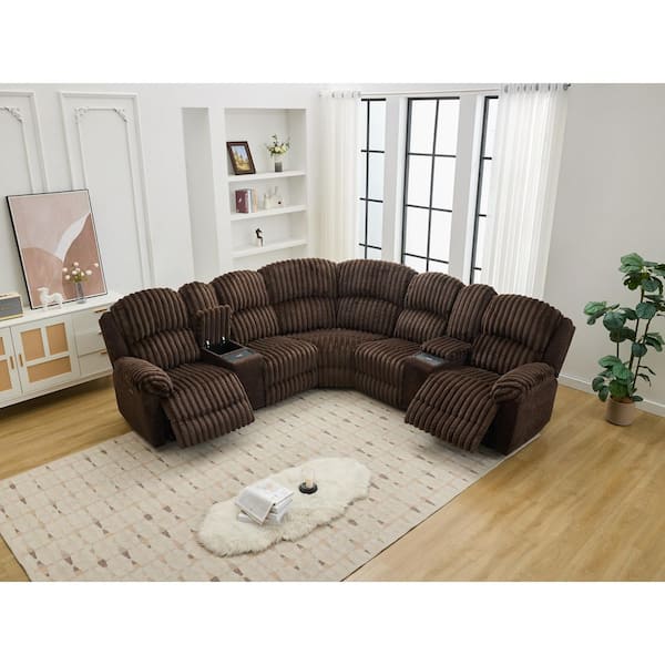 Brown Power Recliner Sectional Sofa with Wireless Charger, USB-C Ports, Faux Fur Fabric, 5-Seat