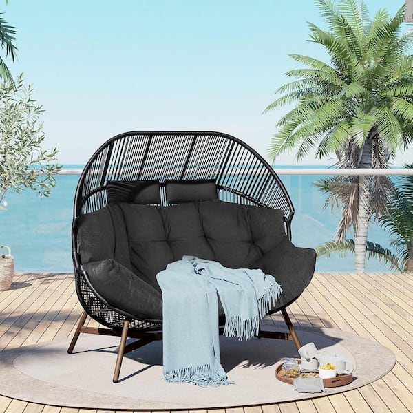 2-Seat Wicker Outdoor Egg Chair with Gray Cushion, Stationary Patio Loveseat Accent Chair for Indoor Porch Balcony