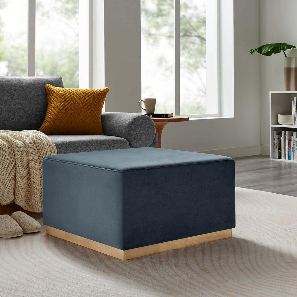 Cadet Blue Velvet Upholstered Square Ottoman with Rubberwood Base