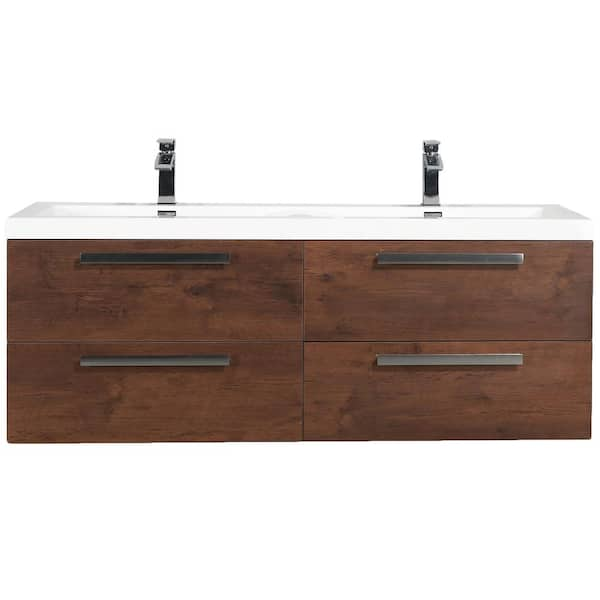 Surf 57 in. Double Sink Floating Rosewood Bath Vanity with White Acrylic Top (Assembled)