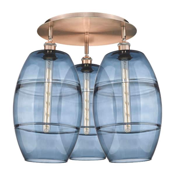 Vaz 21.75 in. 3-Light Antique Copper Industrial Flush Mount with Clear Glass Shade
