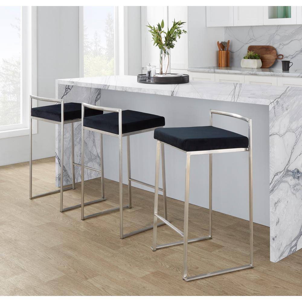 Fuji Brushed Stainless Steel Stackable Counter Stools with Black Velvet Cushion, Set of 2