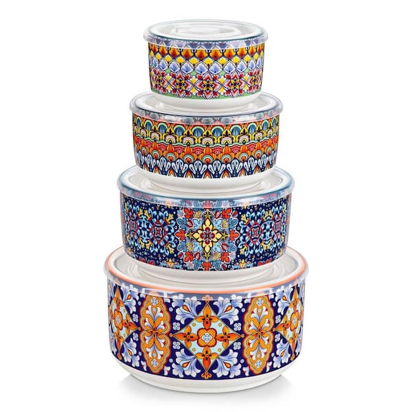 4 in. 10 fl oz.+5 in. 20 fl oz.+6 in. 36 fl oz.+7 in. 60 fl oz. Multi-colored Porcelain Serving Bowls w/ Lid (Set of 4)