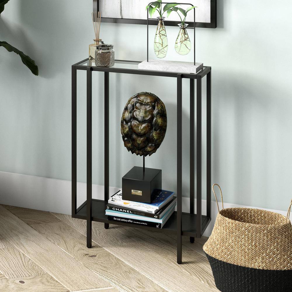 Compact Mid-Century Blackened Bronze and Oak Console Table with Glass Top