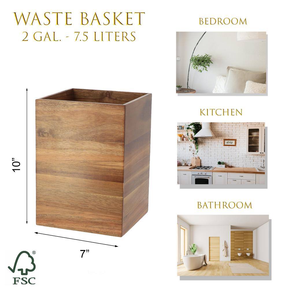 Acacia Wood Square Waste Basket for Bathroom/Bedroom - 2 Gallons
