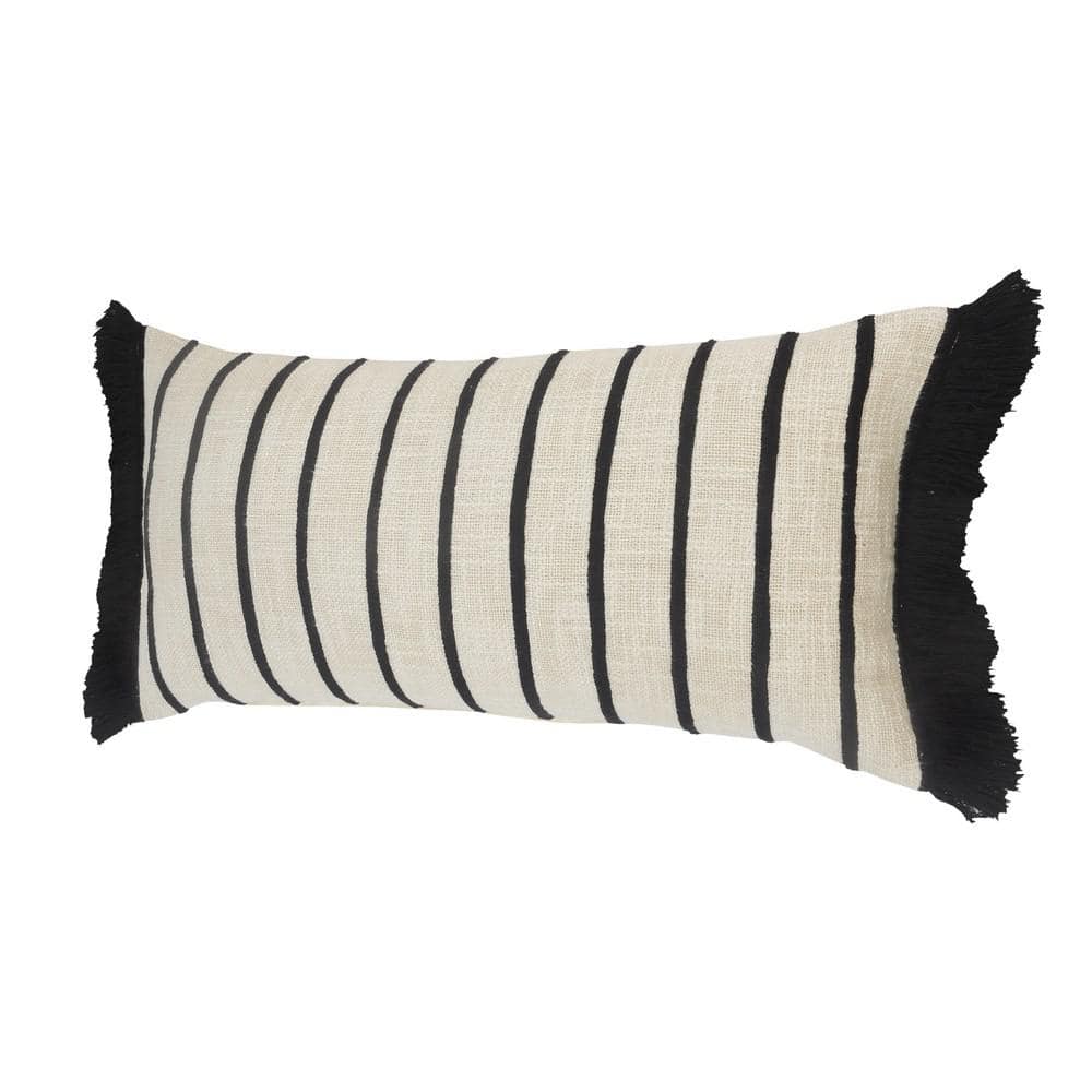 Ivory and Black Striped Cotton Fringe Throw Pillow 28" x 12"