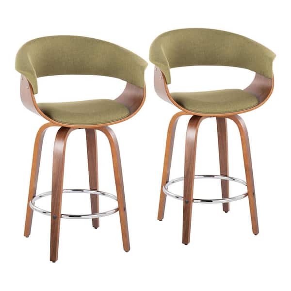 Lumisource Vintage Mod 25.25 in. Green Fabric, Walnut Wood and Chrome Metal Fixed-Height Counter Stool Round Footrest (Set of 2)