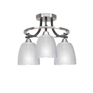 Madison 15.25 in. 3-Light Matte Black and Brushed Nickel Semi-Flush Mount with Clear Ribbed Glass Shade