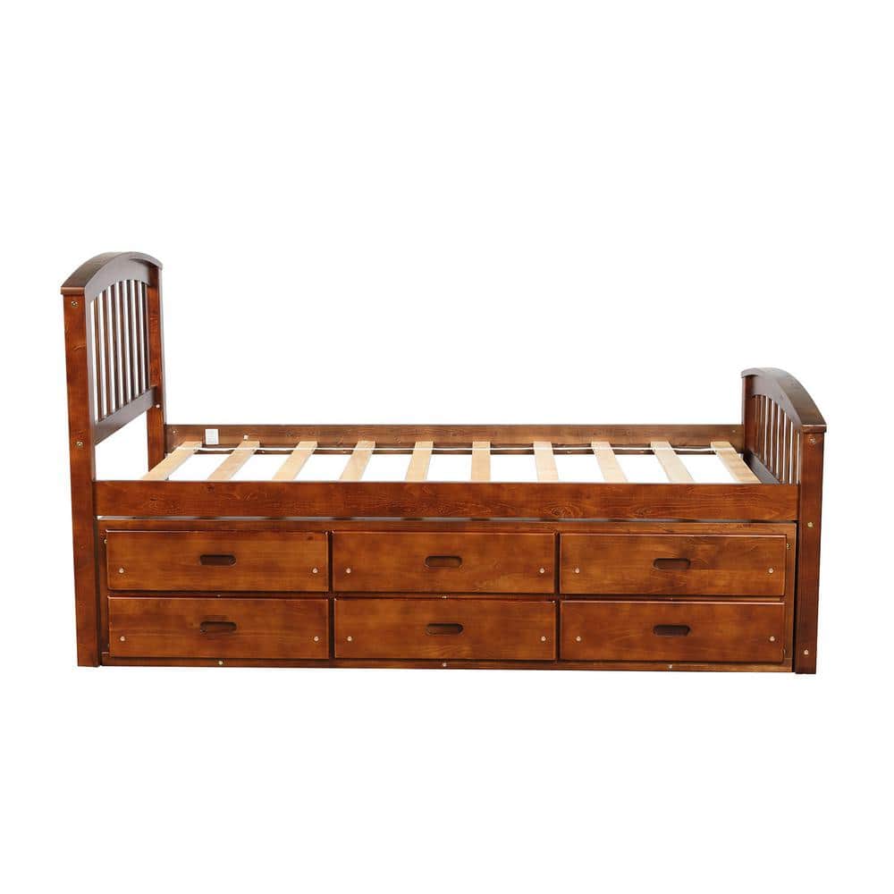 Walnut Storage Bed Solid Wood Frame Twin Platform Bed with 6-Drawers