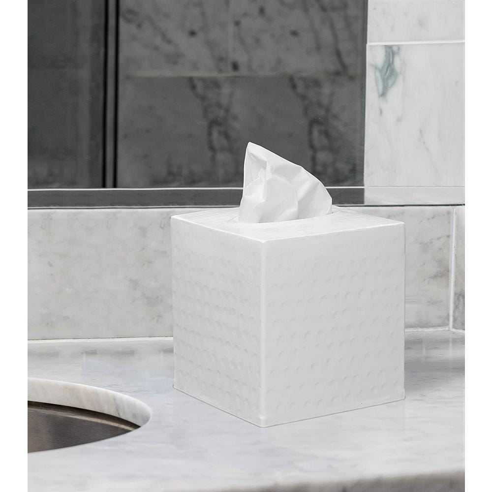 White Hand Hammered Metal Square Tissue Box Cover