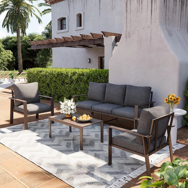 4-Piece Aluminum Patio Conversation Set with Gray Cushion