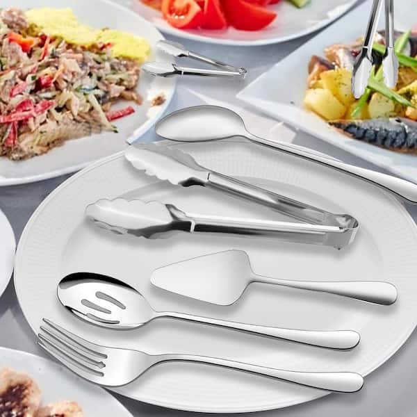 Silver Stainless Steel Serving Utensil Set 6 Piece Includes Spoon Fork Tongs Pie Server Ergonomic Dishwasher Safe