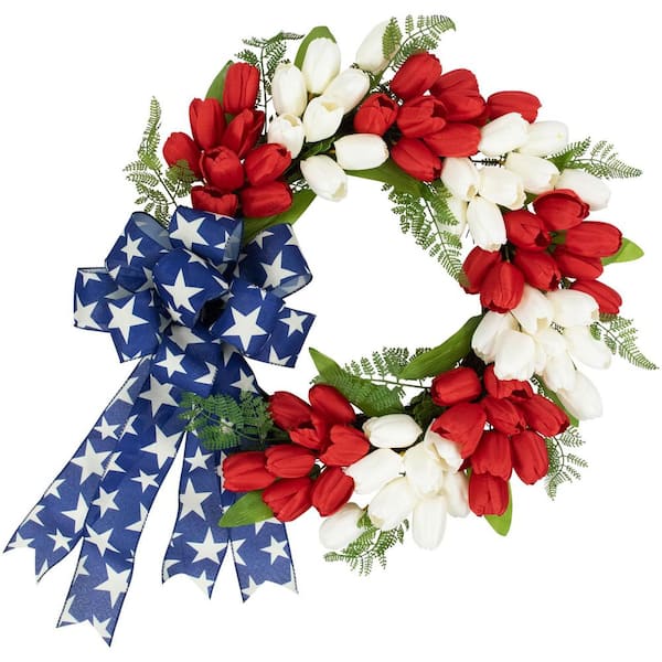 24 in. Tulip Floral Artificial Patriotic Wreath with Bow-Red, White and Blue