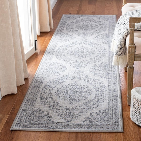 Journey Light Gray/Dark Gray 2 ft. x 9 ft. Machine Washable Border Floral Runner Rug