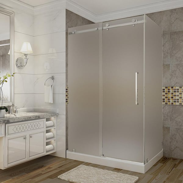 Aston Moselle 48 in. x 35 in. x 77.5 in. Frameless Sliding Shower Enclosure and Frosted in Stainless Steel with Left Base