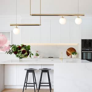 Lixing 3-Light Antique Brass Globe Sputnik Linear Dining Room Chandelier Mid Century Kitchen Pendant Light in L-Shape