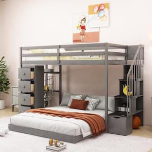 Gray Twin Over Full Wood Bunk Bed with 3-Layer Shelves, 4-Drawer and Storage Staircases