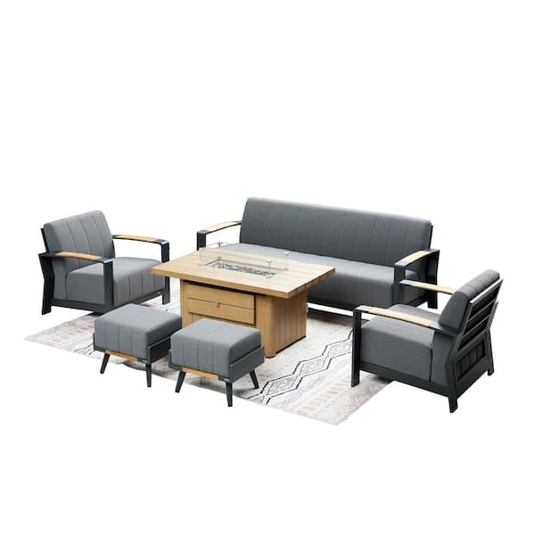 DIRECT WICKER Betty 6-Piece Aluminum Patio Fire Pit Deep Seating Set with Gray Acrylic Cushions