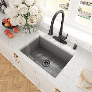 Matte Gray Fireclay 27 in. Single Bowl Undermount Kitchen Sink with Bottom Grid and Drainer